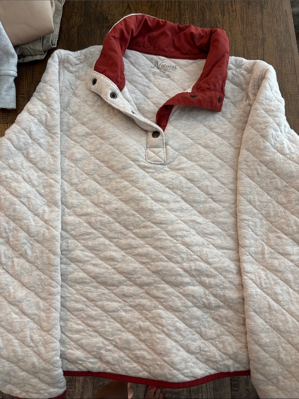 Natural Reflections Quilted Pullover in Cream with Red Trim L